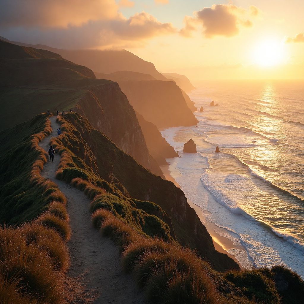 Hikers on coastal trail sunset